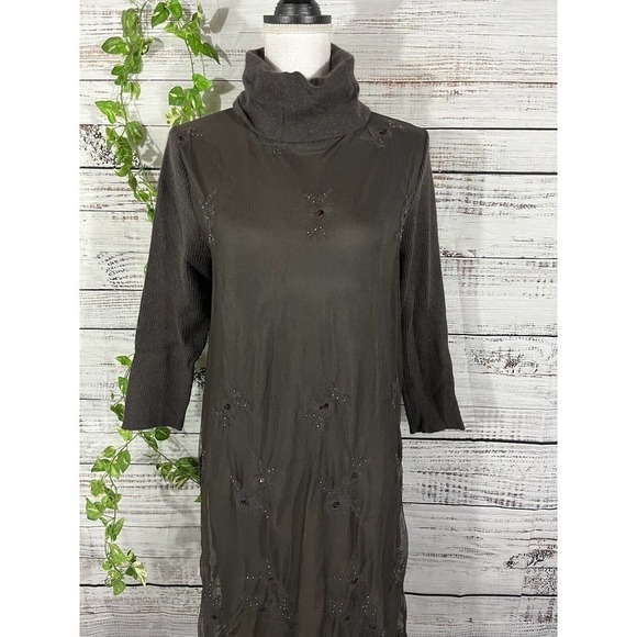 Sundance Dress sz Medium Brown Rabbit Hair Lace Sequins Knee Modest Midi Boho - Picture 2 of 14